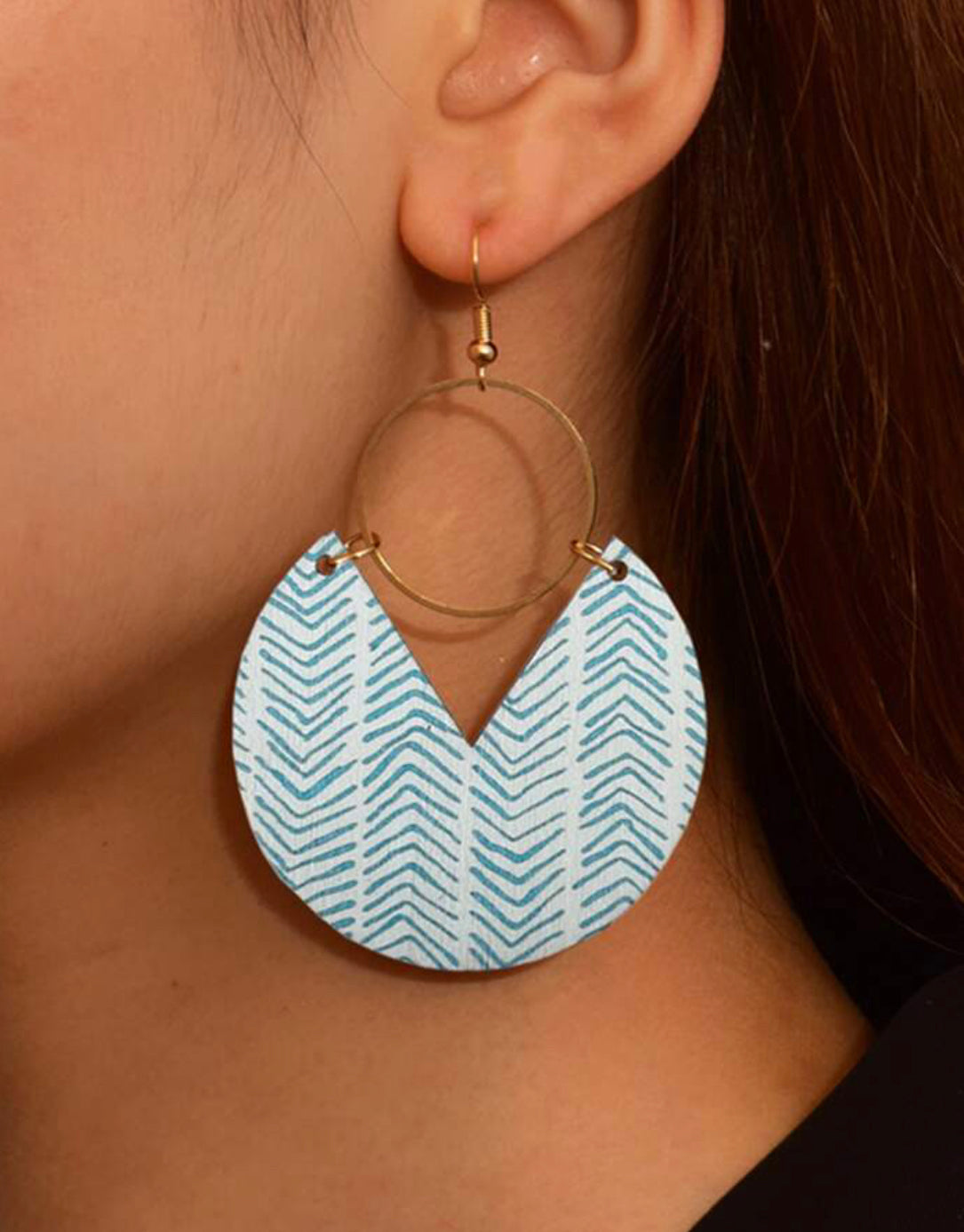 Bohemian Wooden Round Baby Blue Striped Earrings