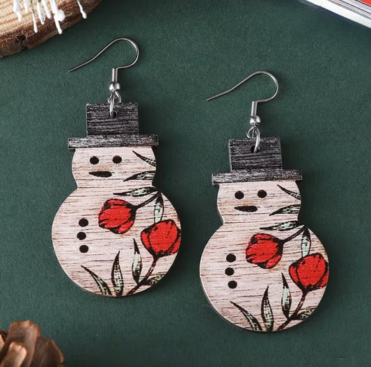 Wooden Snowman Earrings with Red Flowers