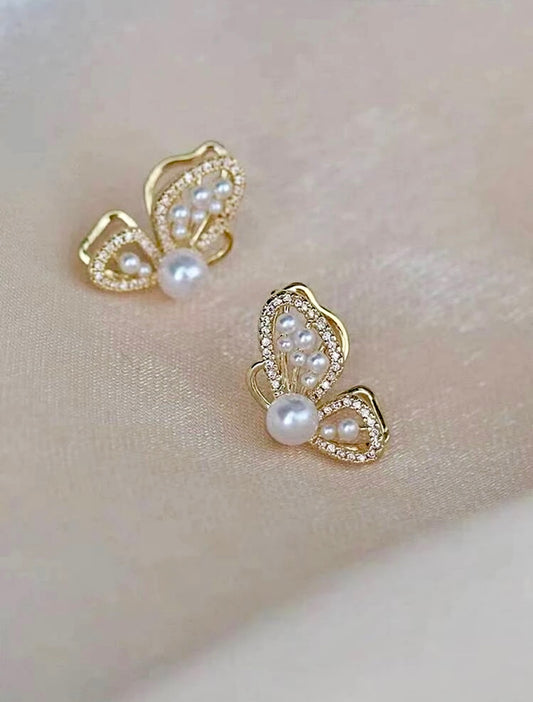 Gorgeous Gold Butterfly Earrings with Pearl Accents