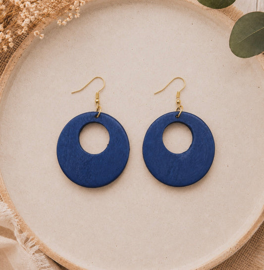 Navy Blue Wooden Hollow Earrings
