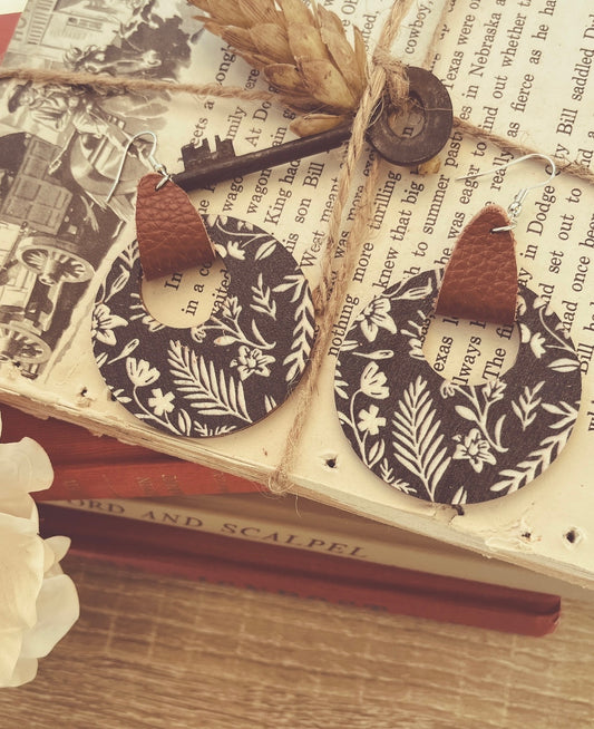 Leather Wrapped Black and White Floral Wooden Drop Earrings