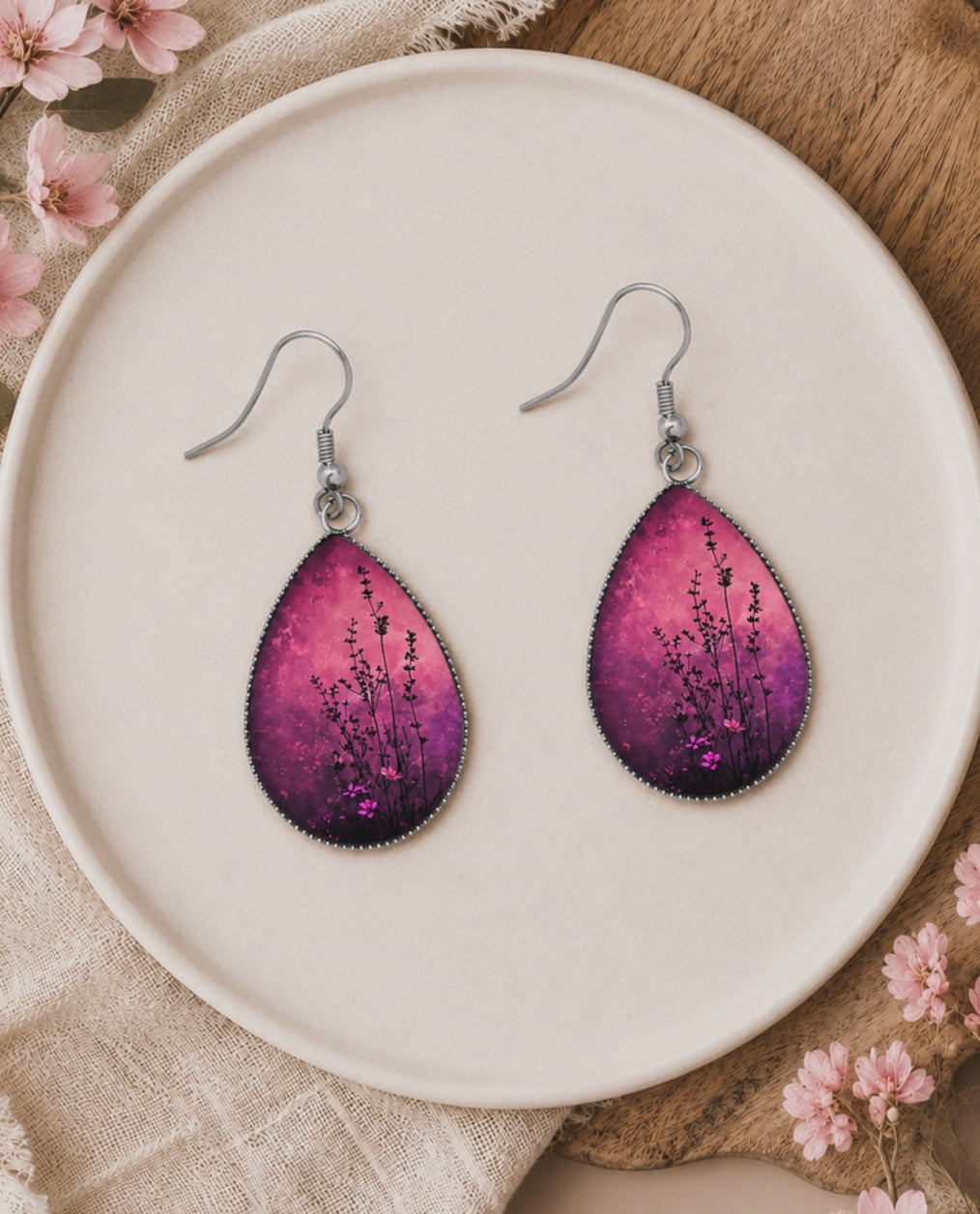 Beautiful Red and Purple Floral Teardrop Earrings
