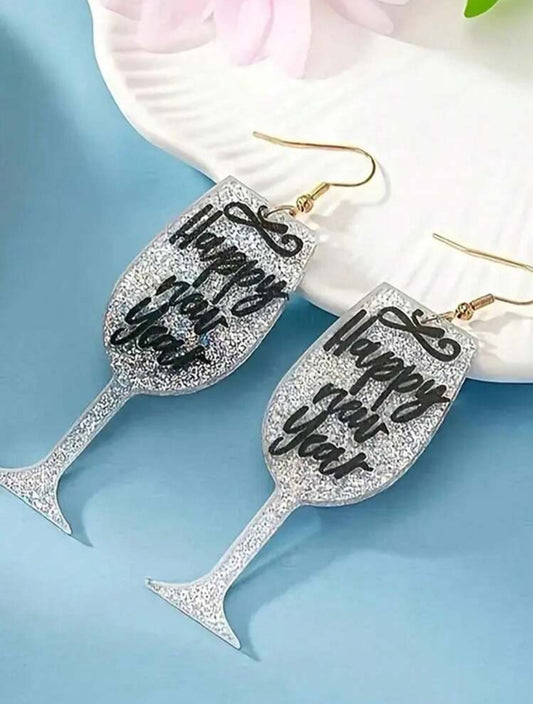 Sparkling Silver and Black New Years Eve Wine Glass Earrings