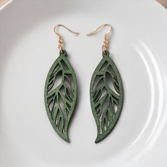 Green Hollow Feather Shaped Earrings