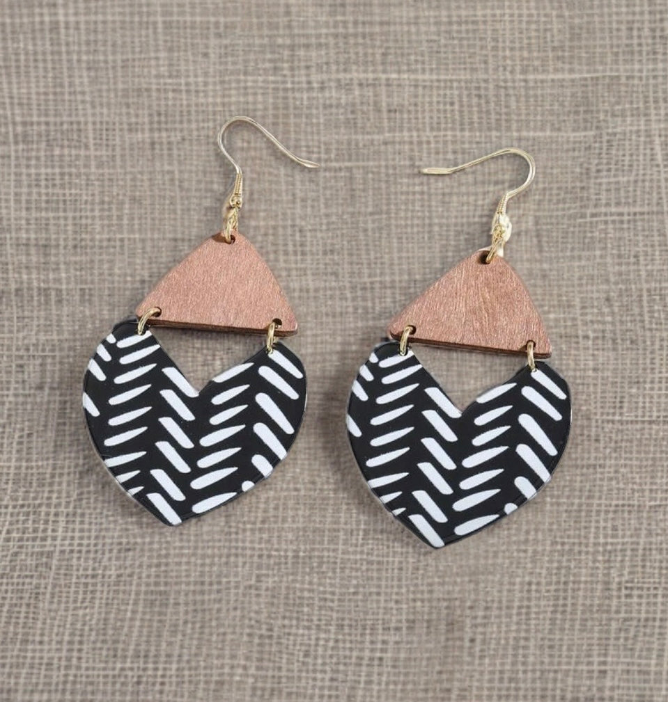 Black and White Wooden Triangle Earrings