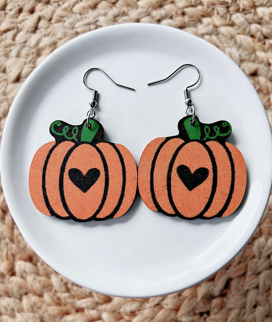 Wooden Pumpkin with Heart Drop Earrings