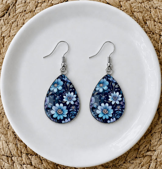 Blue Floral Teardrop Earrings