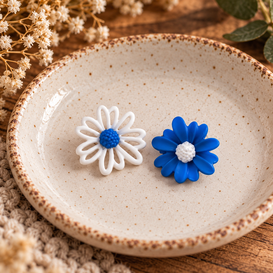 Mismatched Blue & White Daisy Stud Earrings