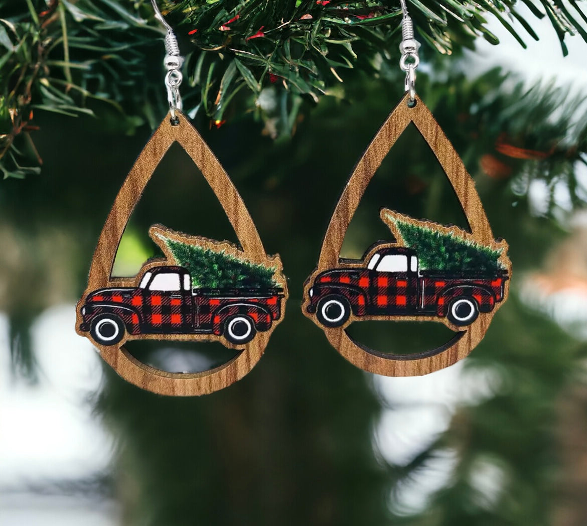 Vintage Truck and Christmas Tree Wooden Drop Earrings