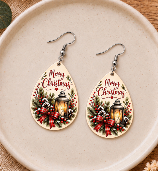 Merry Christmas Lantern Wooden Earrings
