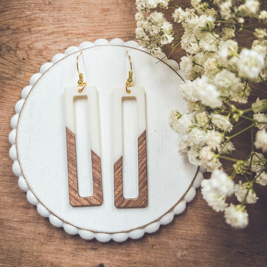 Beautiful White and Wood Rectangular Drop Earrings