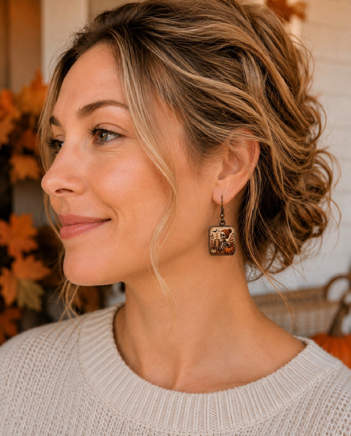Pumpkin Spice Skeleton Square Earrings