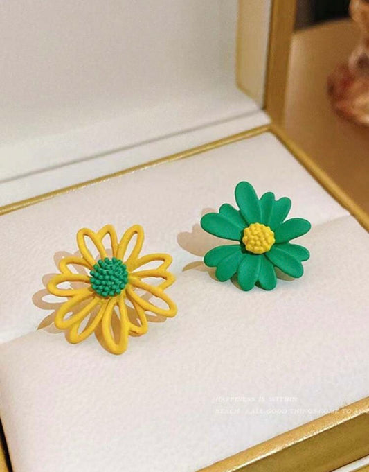 Mismatched Yellow and Green Flower Studs
