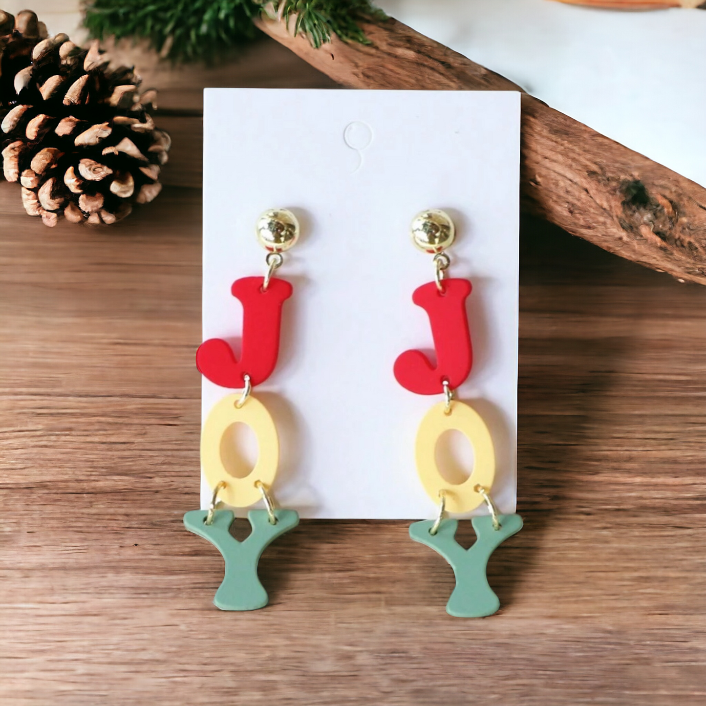 Beautiful Acrylic Tri-Color "JOY" Christmas Earrings