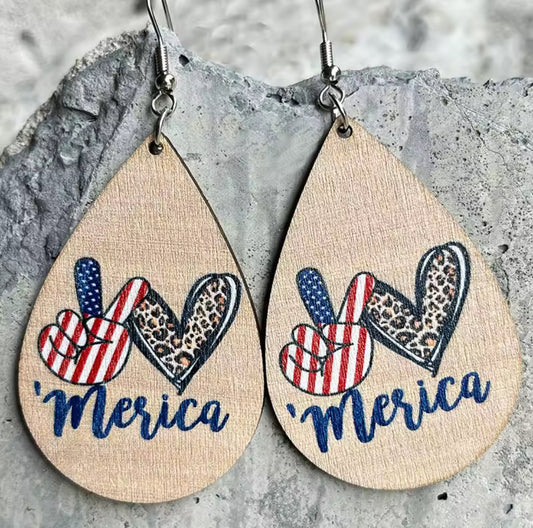 Wooden Peace, Love, 'Merica 4th of July Earrings