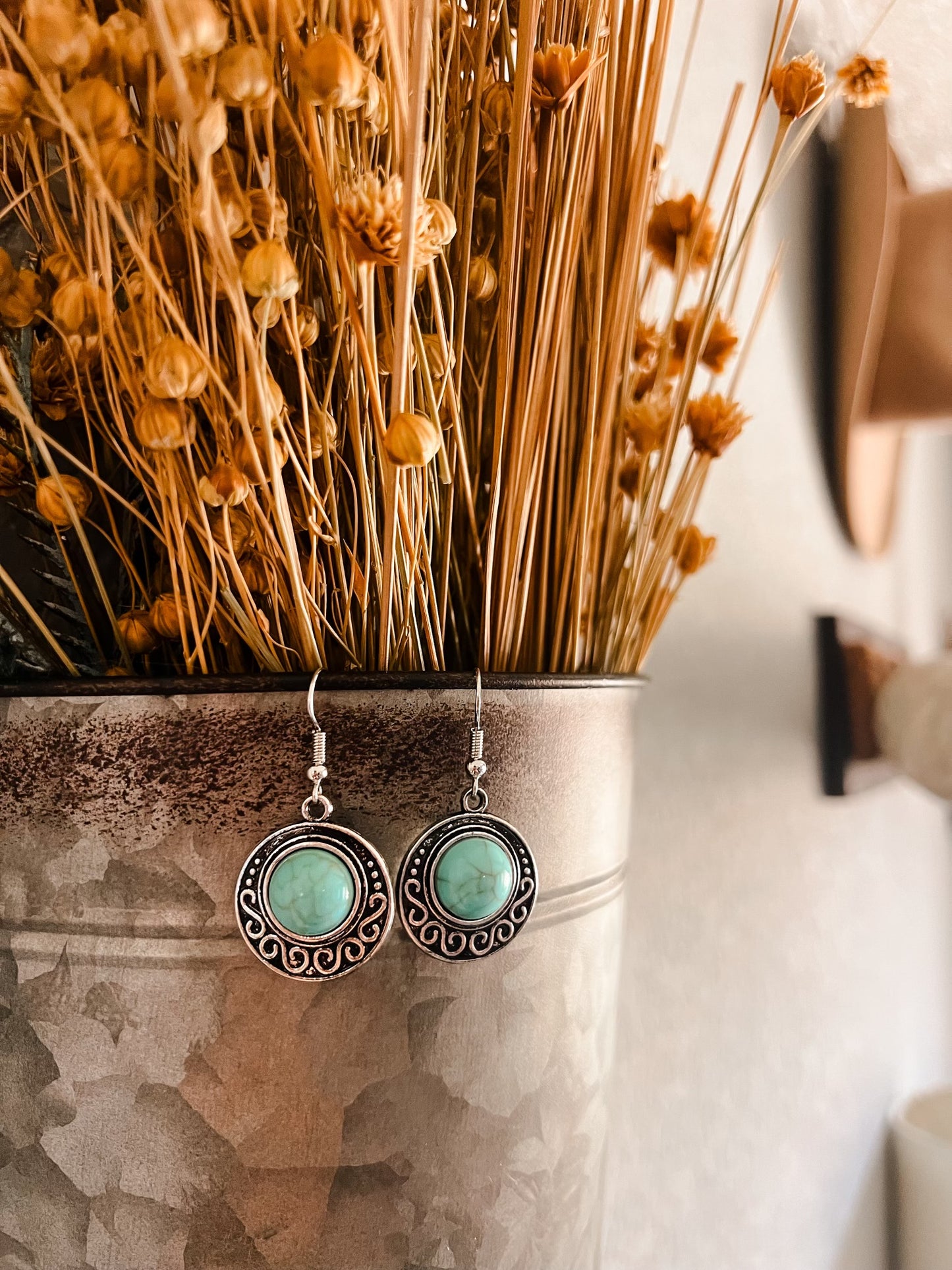 Round Silver with Turquoise Stone Drop Earrings