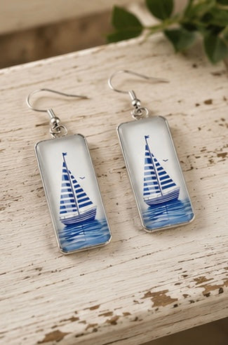 Blue Sailboat Rectangle Dangle Earrings