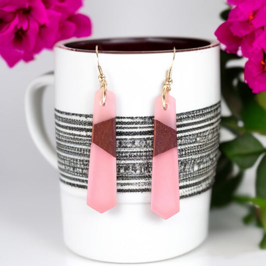 Wood and Pink Resin Earrings