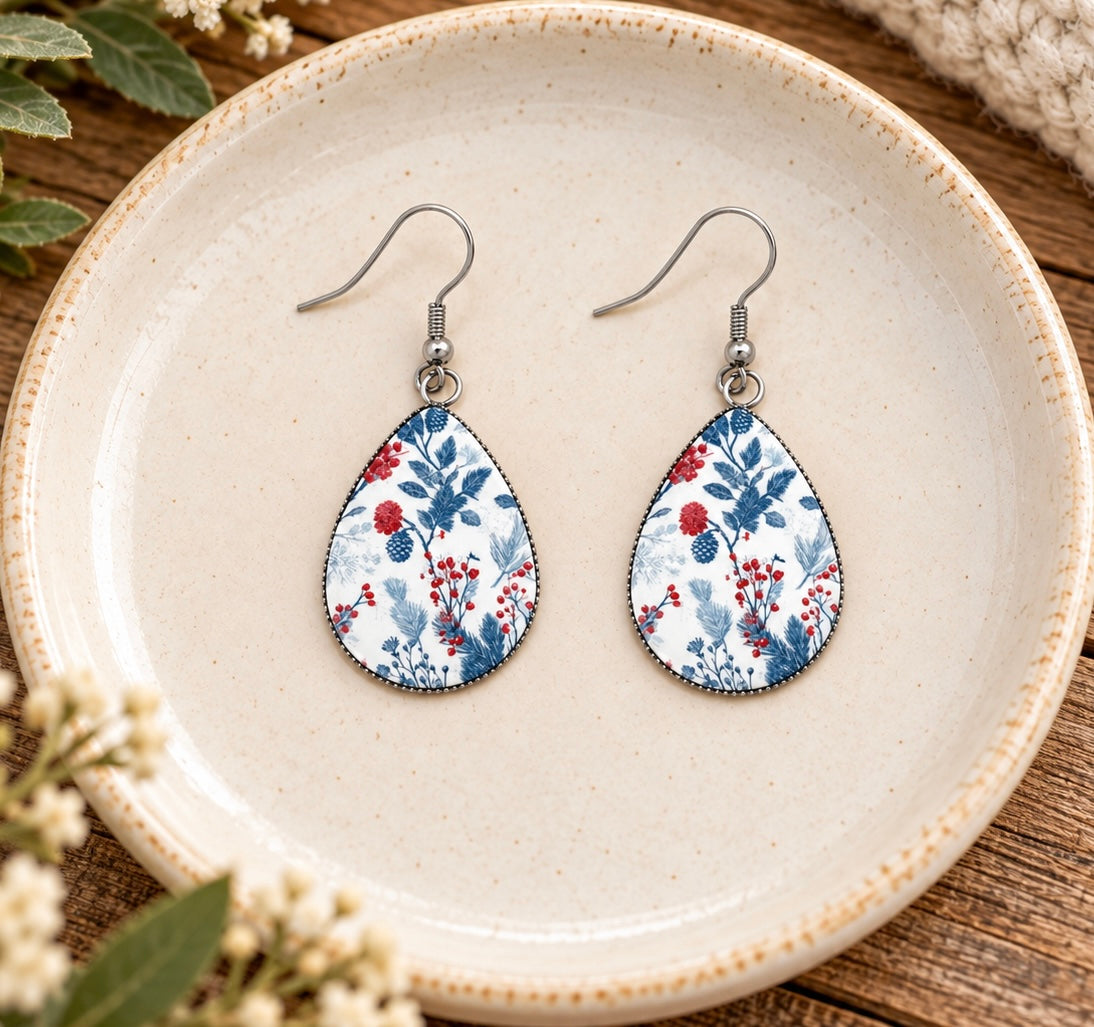 Winter Berry & Pine Teardrop Earrings