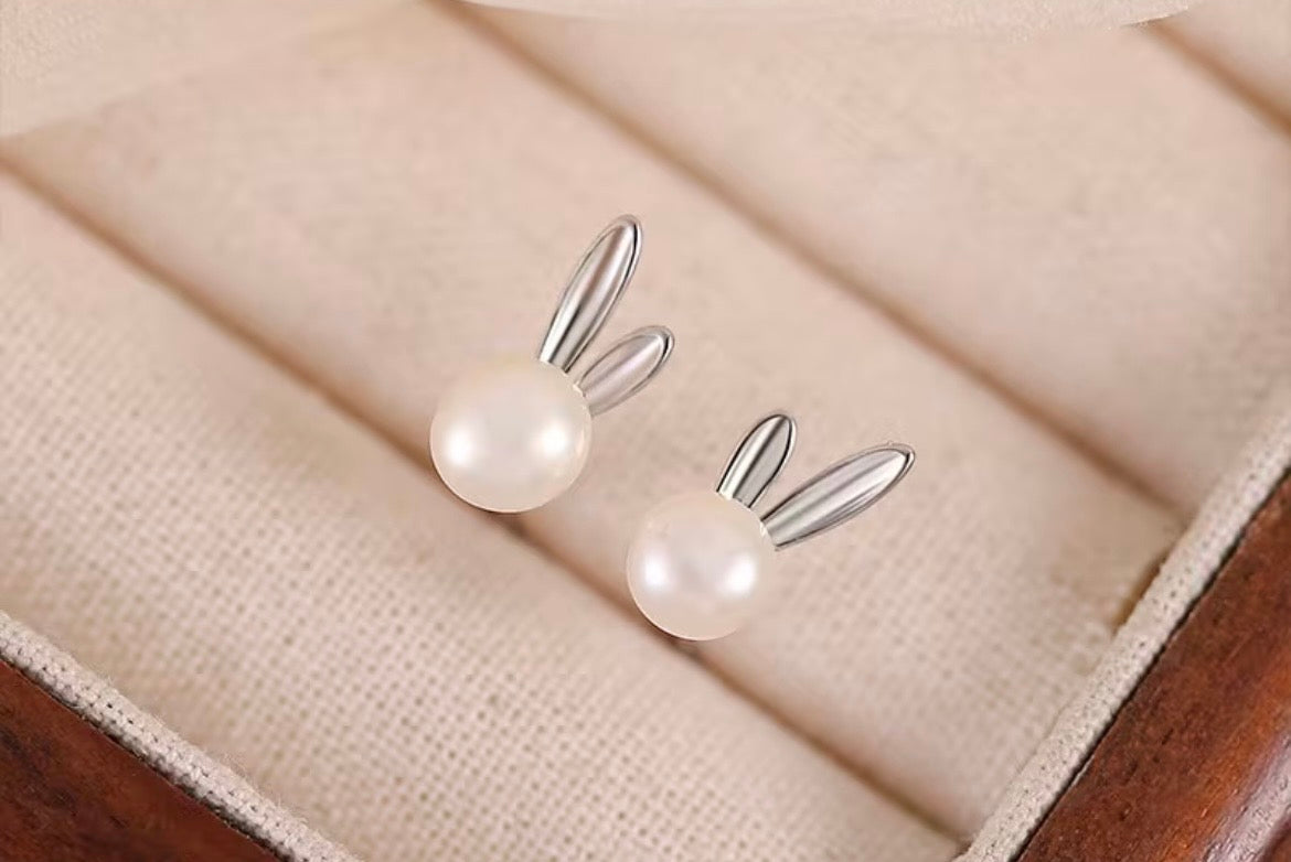 Silver & Pearl Bunny Stud Earrings