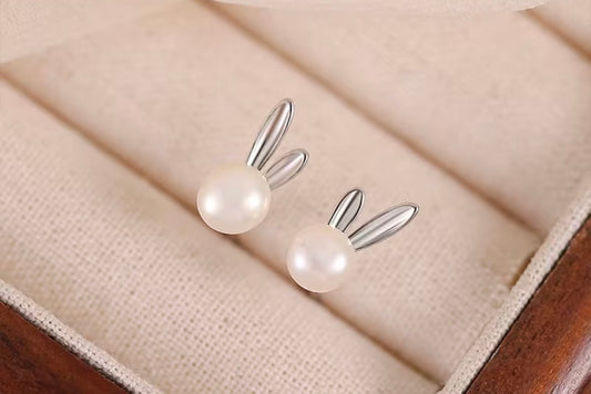 Silver & Pearl Bunny Stud Earrings