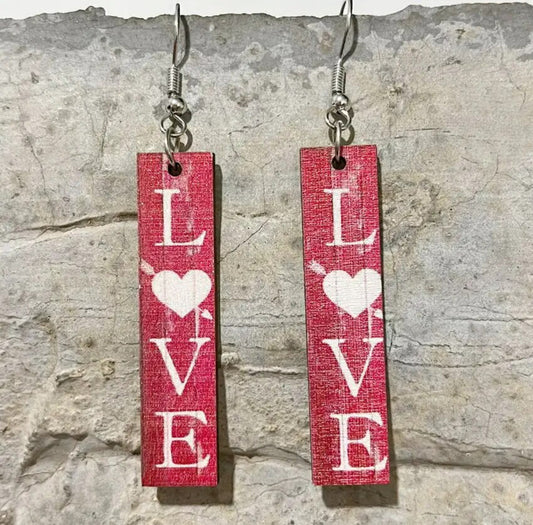 Rectangular Wooden "Love" Earrings