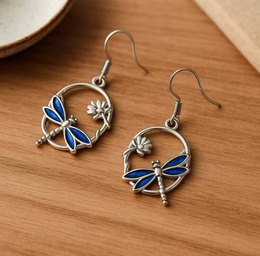 Beautiful Round Blue and Silver Dragonfly Earrings