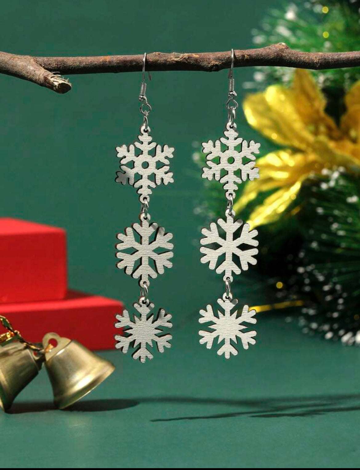 Wooden Snowflake Drop Earrings