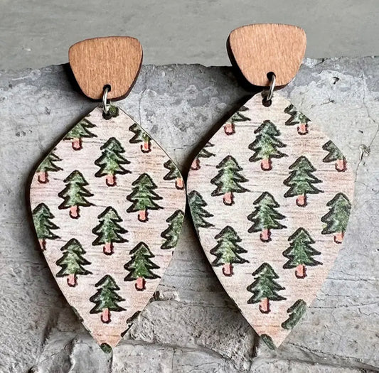 Wooden Christmas Tree Drop Earrings