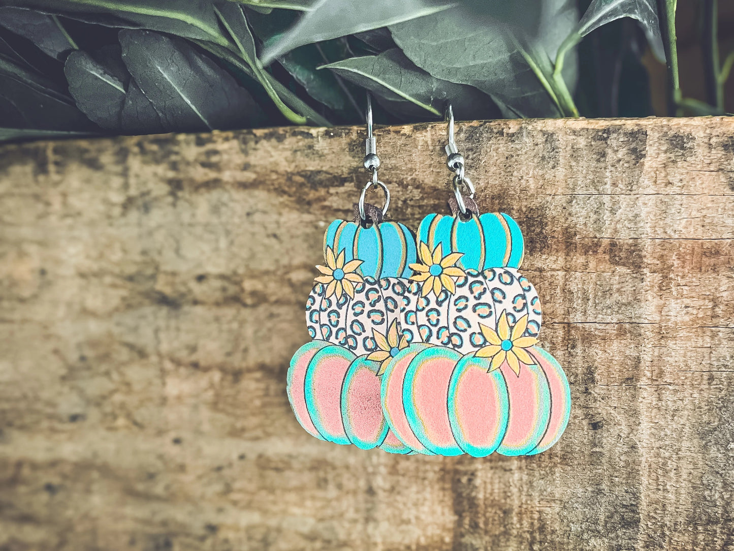 Multicolored Wooden Stacked Pumpkin Earrings