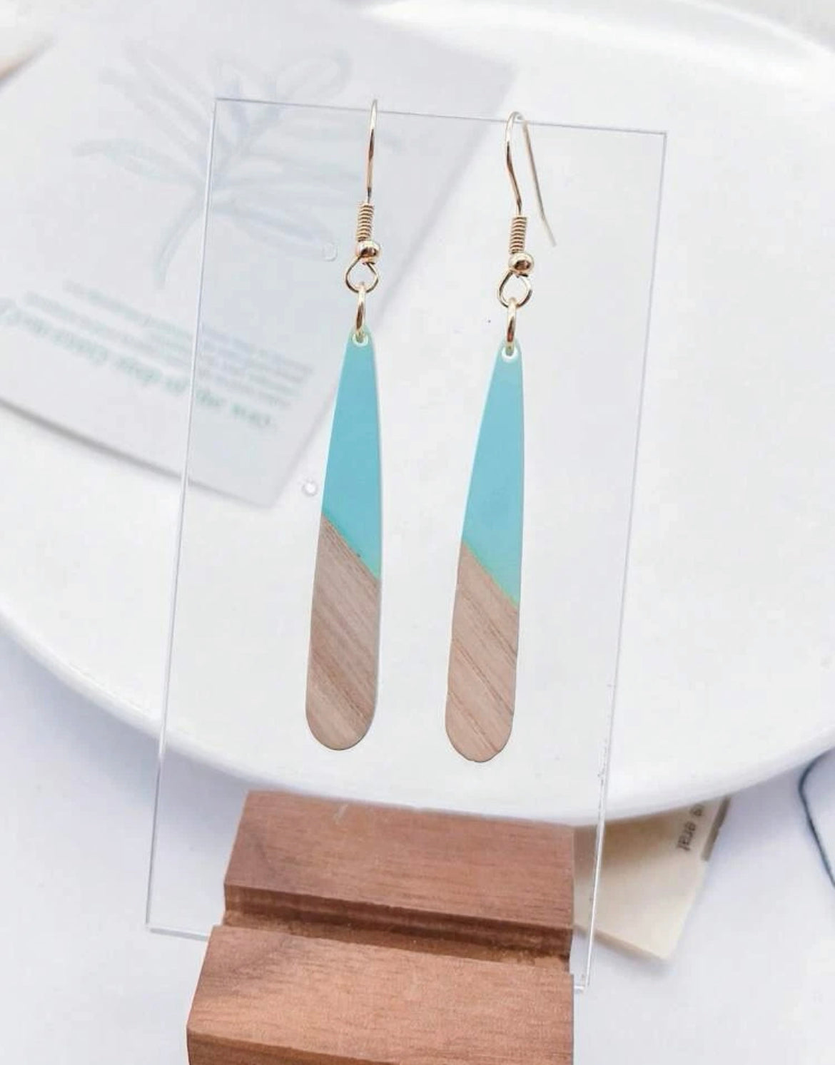 Gorgeous Wood and Light Blue Resin Bar Earrings