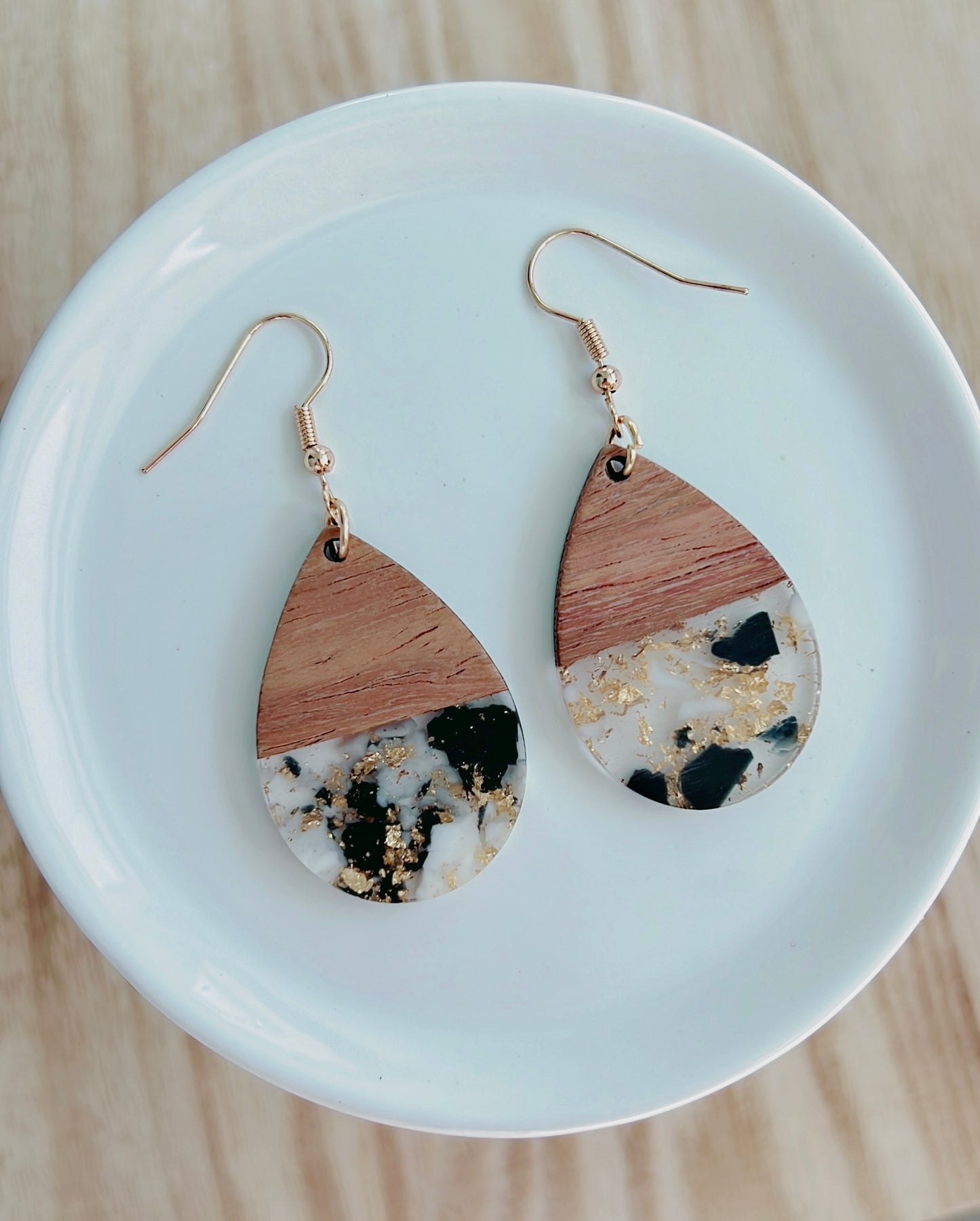 Wood with Black and White Resin Teardrop Earrings