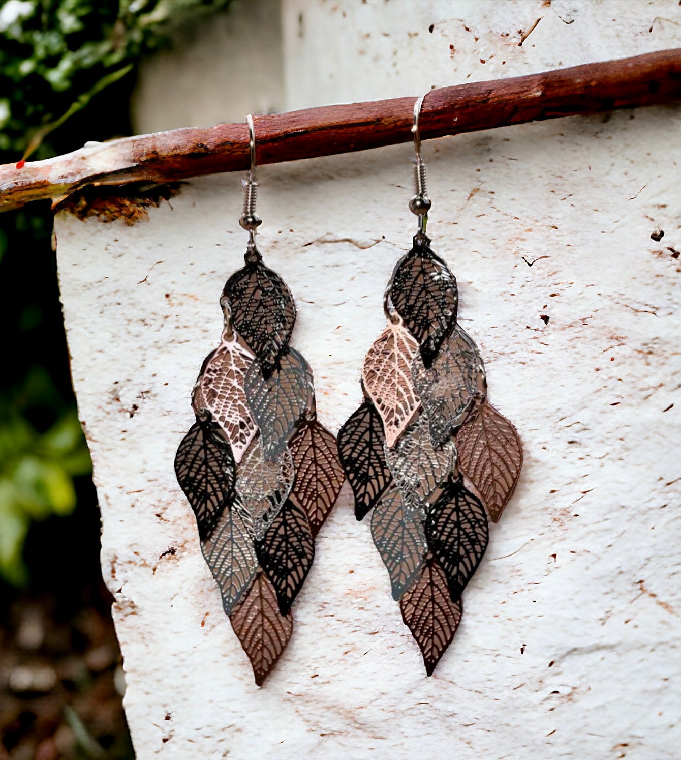 Beautiful Black, Silver, and Bronze Leaf Tassel Earrings