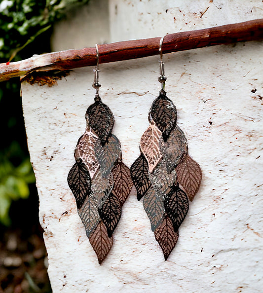 Beautiful Black, Silver, and Bronze Leaf Tassel Earrings