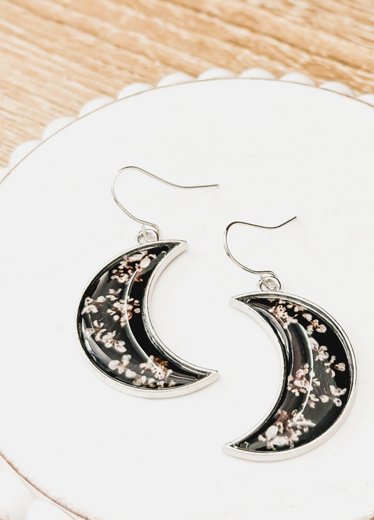 Boho Style Resin and Dried Flower  Moon Earrings