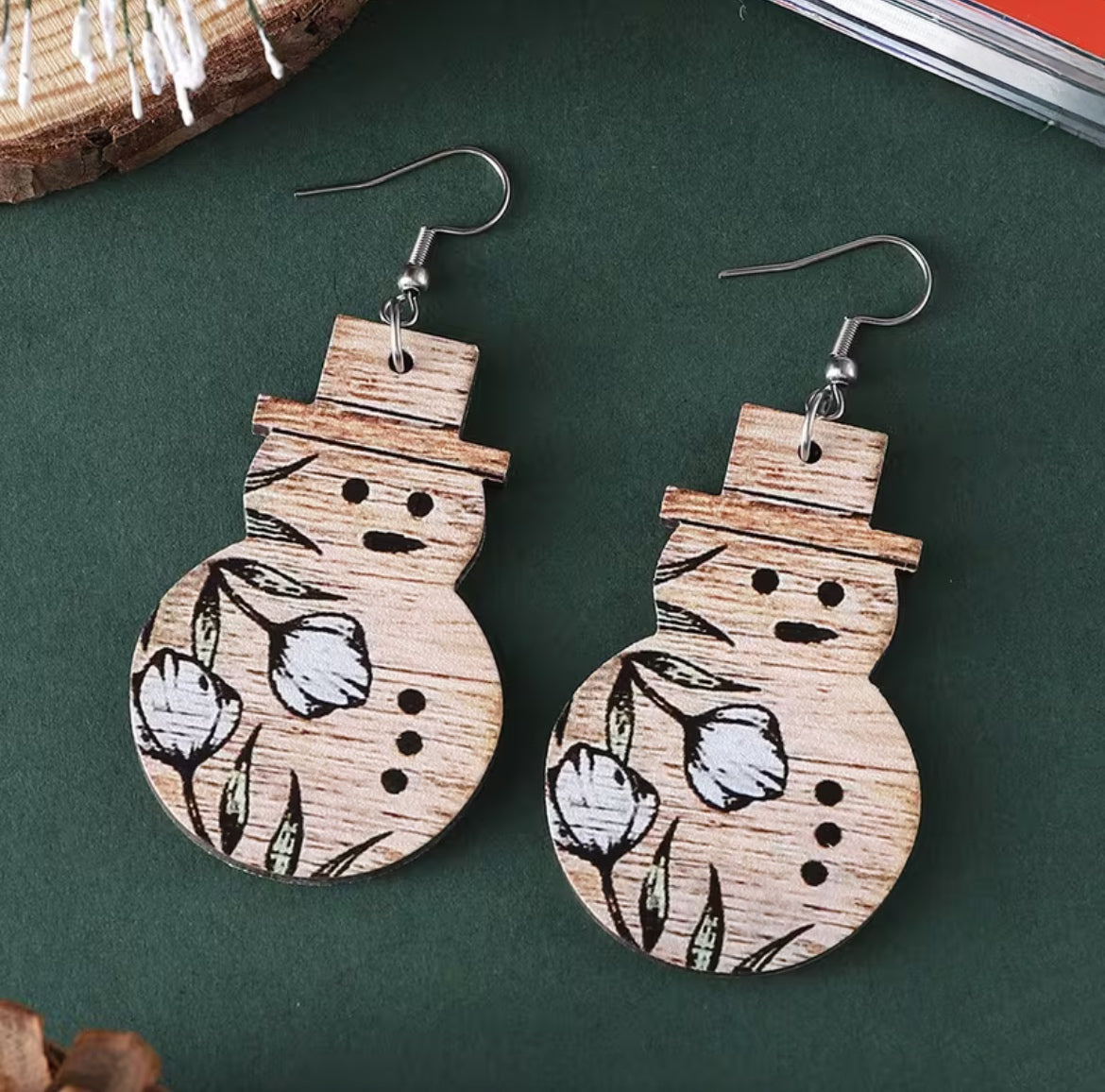 Wooden Snowman Earrings with White Flowers