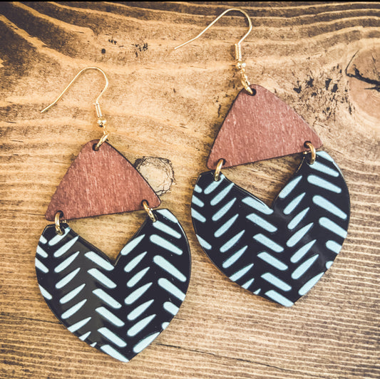 Black and White Wooden Triangle Earrings