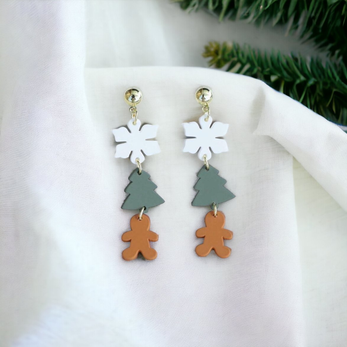 Acrylic Snowflake, Christmas Tree, and Gingerbread Man Holiday Stud Drop Earrings