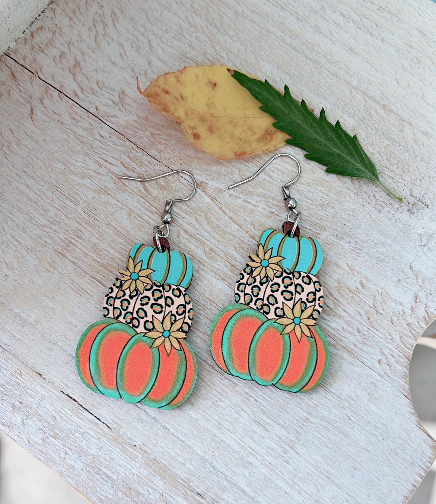 Multicolored Wooden Stacked Pumpkin Earrings