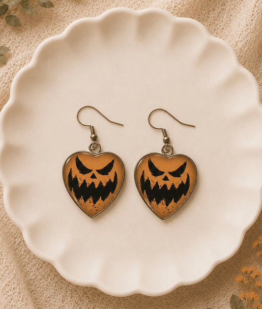 Spooky Jack-O'-Lantern Heart Dangle Earrings