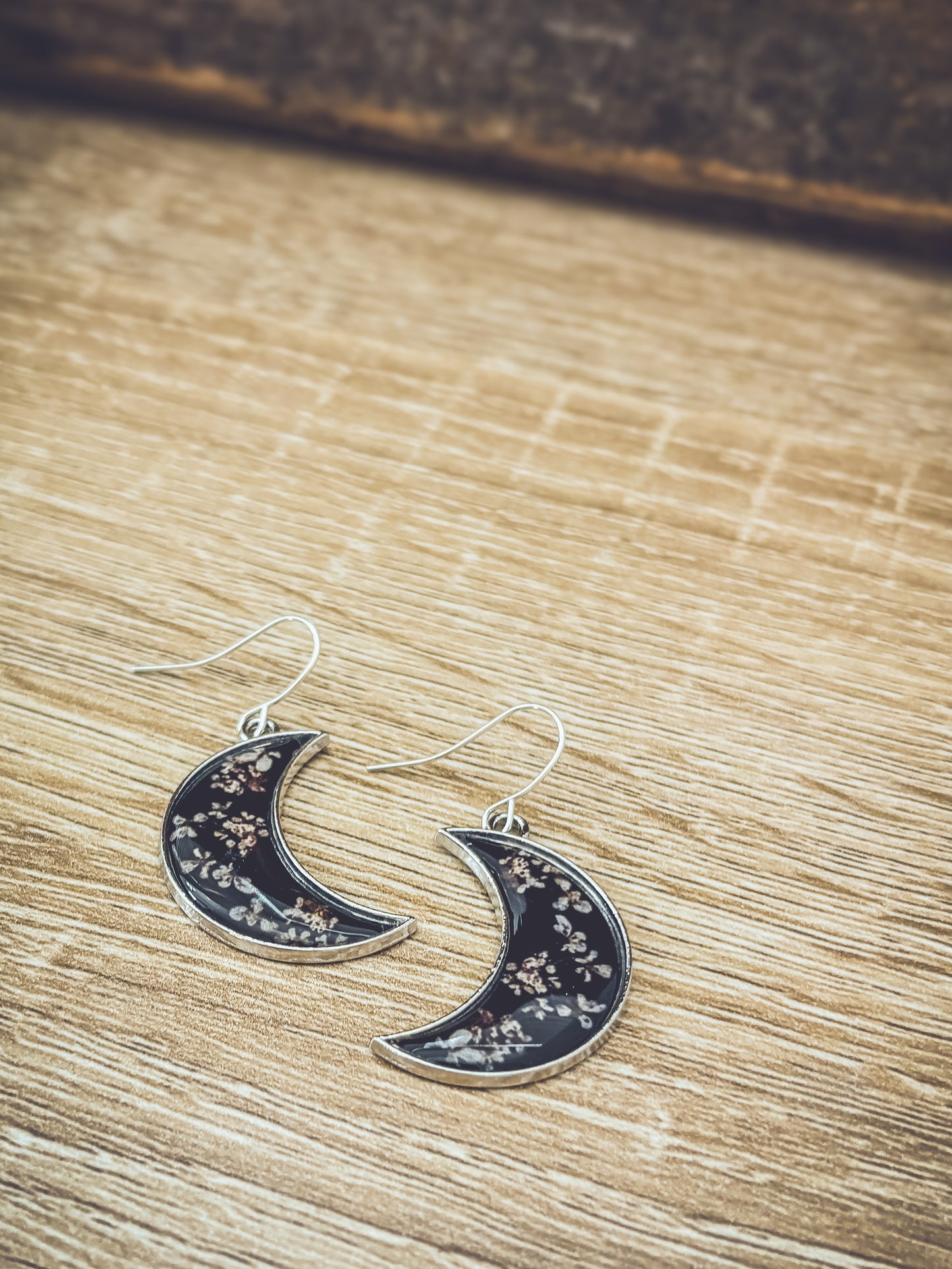 Boho Style Resin and Dried Flower  Moon Earrings