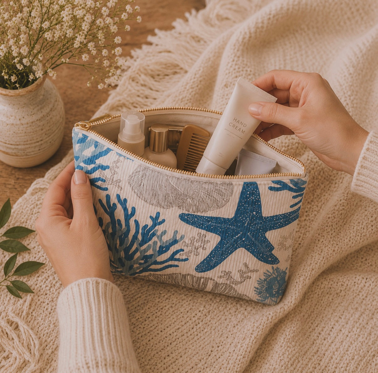 Blue Seashell and Star Fish Toiletry/Cosmetic Bag