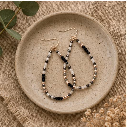 Beautiful Black, White & Gold Beaded Teardrop Earrings