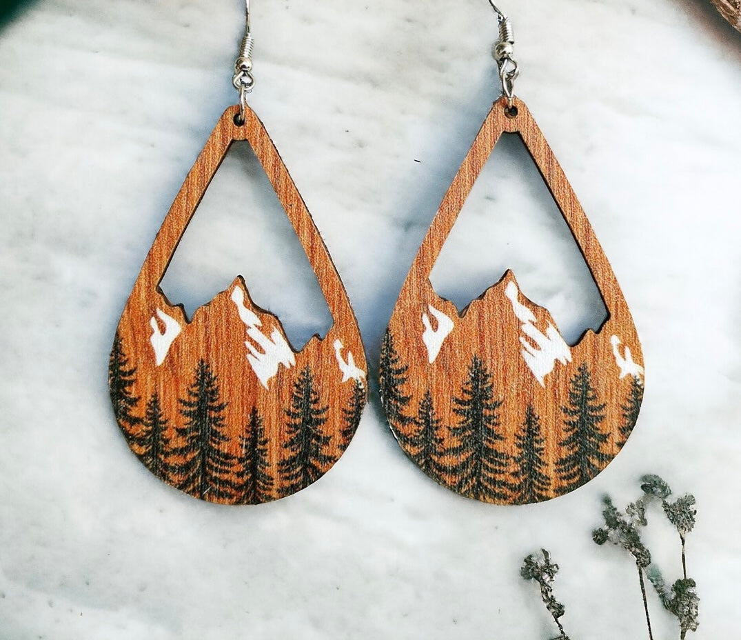 Snowy Mountain Forest Wooden Earrings