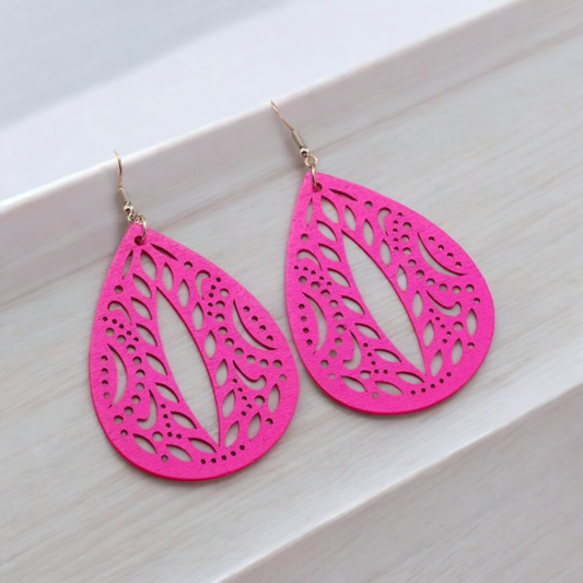 Hot Pink Hollow Out Wooden Earrings