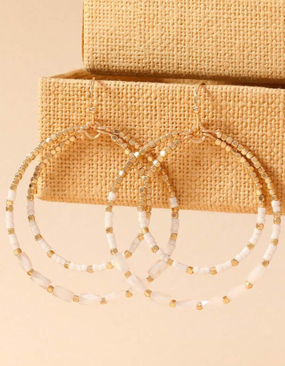 White and Gold Beaded Double Circle Earrings