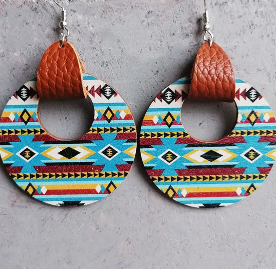 Genuine Leather Wrapped Western Style Wood Earrings