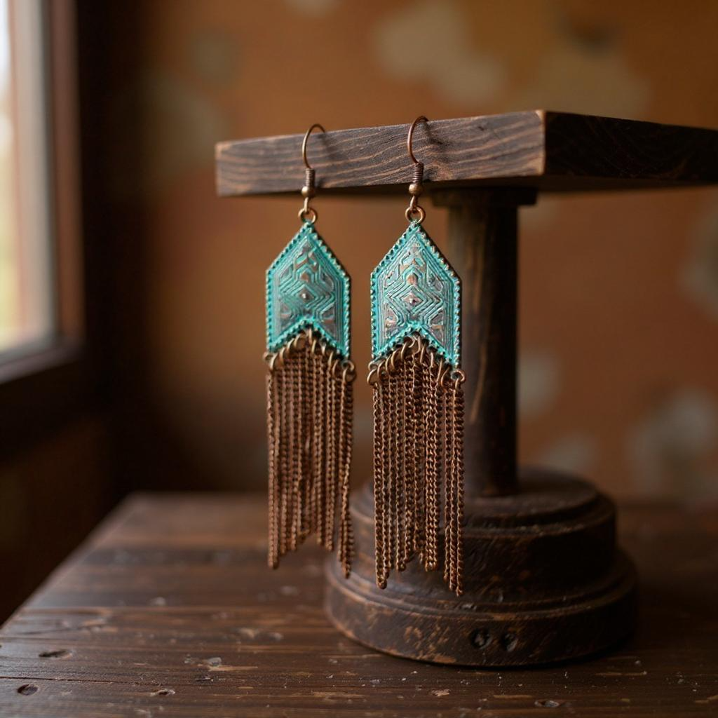 Turquoise and Bronze Metal Tassel Earrings