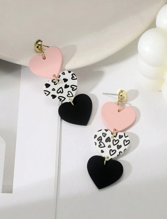 Beautiful Light Pink, Black, and White Acrylic Heart Earrings