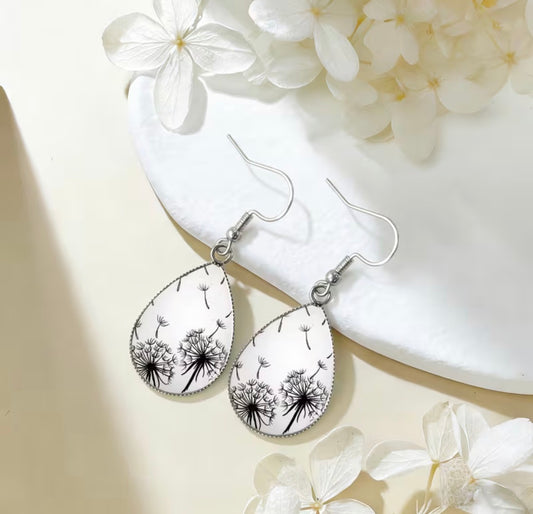 Beautiful Black and White Dandelion Teardrop Earrings